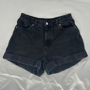 Monki Womens‎ High Waisted Denim Shorts Washed Black Rolled Hem Size 30 Cotton